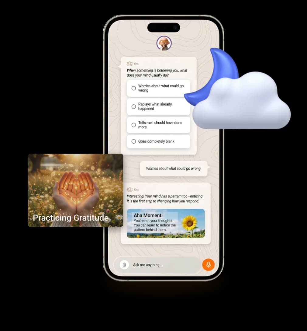 The InnerWise companion chat on a phone, with a moon and cloud and a Practicing Gratitude card.