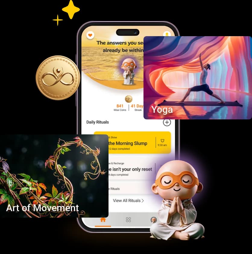 The InnerWise app on a phone, with Yoga and Art of Movement practice cards and Wisebud meditating beside it.
