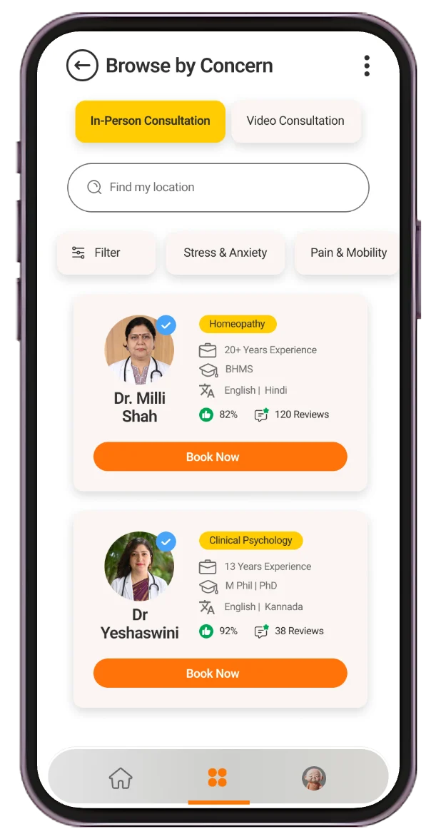 The InnerWise app's Browse by Concern screen, listing experts to book